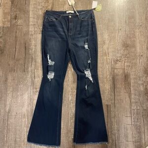 YMI Dark Blue Distressed High-rise Flare Jeans Plant based jeans